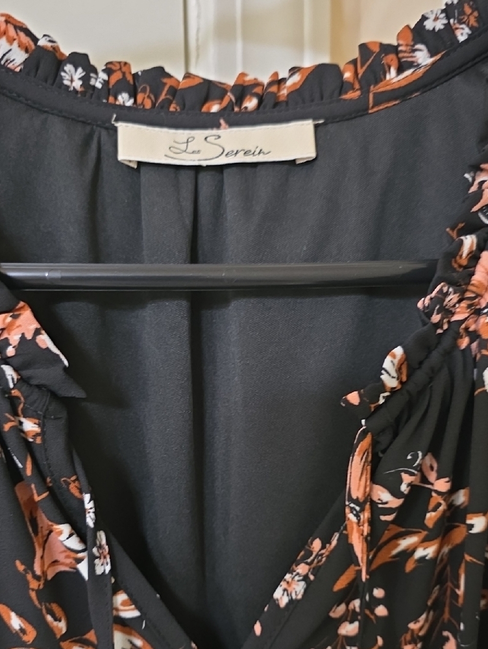 Floral V-Neck Black Dress with Peach Blossoms - Picture 3 of 4